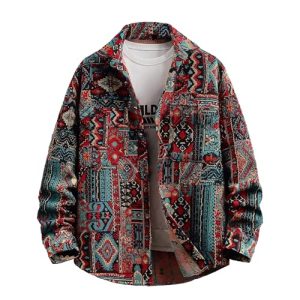 Aztec Shacket Fall Jacket Brocade Jacquard Ethnic Plaid Print Button Down Shirt Casual Spring mid-Weight Coat