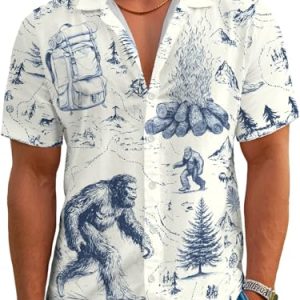 Funny Animal Print Hawaiian Shirt Camping Button Down Retro Outdoor Camping Party Short Sleeve Cyan