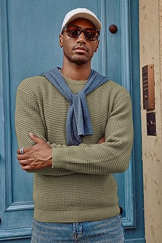 Mens Crewneck Pullover Sweater Waffle Textured Long Sleeve Knitted Sweaters