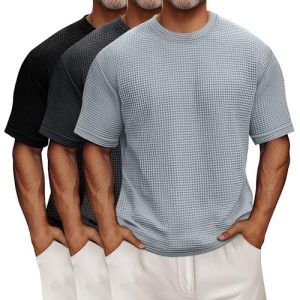 3 Pack Men's Big and Tall Waffle T Shirts, Short Sleeve Crew Neck Tops Casual Textured Knit Pullover Lightweight Tees