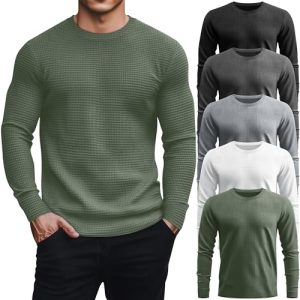 5 Pack Thermal Waffle Shirts for Men, Crew Neck Long Sleeve Casual Pullover Underwear Textured Knit Tops