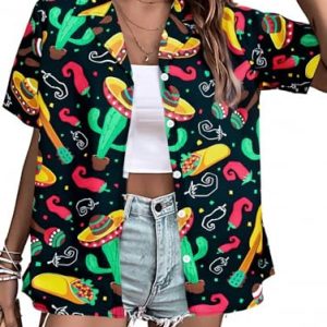 Cinco De Mayo Shirt Women Mexico Mexican Party Hawaiian Shirt Funny Button Down Shirt Short Sleeve Button Up Blouse Tops