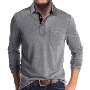 Mens Long Sleeve Polo Shirts Casual Moisture Wicking Golf Polo Shirts with Pocket