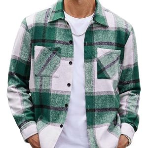 Men's Flannel Shirts Casual Button Down Plaid Shirt Jacket Long Sleeve Fleece Shacket with Pockets