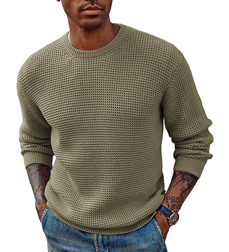 Mens Crewneck Pullover Sweater Waffle Textured Long Sleeve Knitted Sweaters