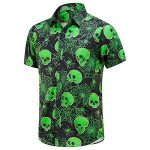 Halloween Button Down Shirts for Men Fun Skeleton Printed Casual Short Sleeve Hawaiian Tropical Novelty Shirt